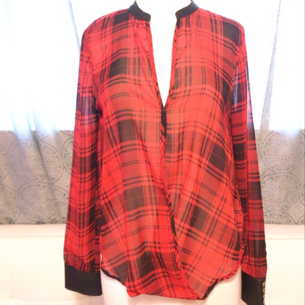 Guess Red and Black Plaid Blouse